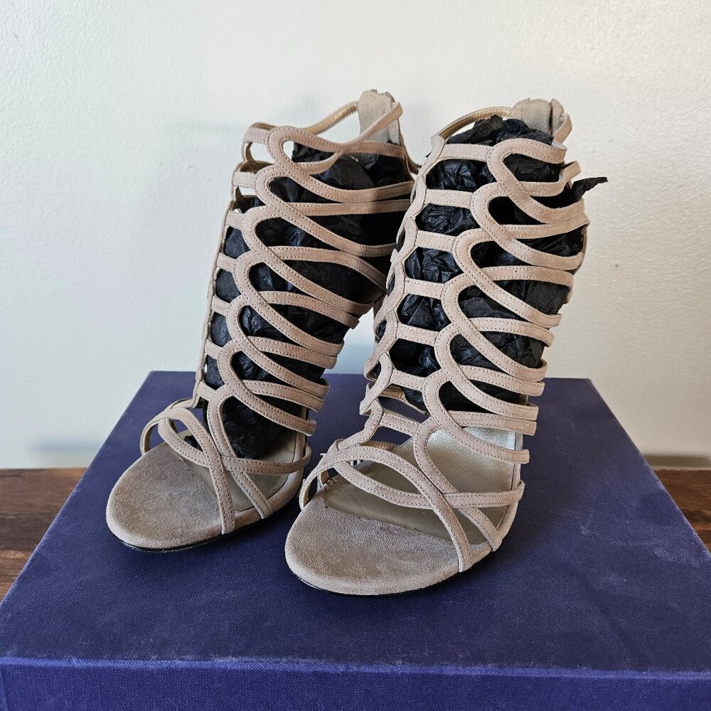STUART WEITZMAN Beige Suede Leather Loops Strappy Cage Gladiator‎ Sandal 2010s 8